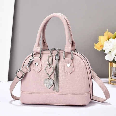 Sac À Main Coquille Pour Femmes Cuir PU Texture Litchi Charme Coeur Strass Frange Sac À Bandoulière Style Urbain Élégant
