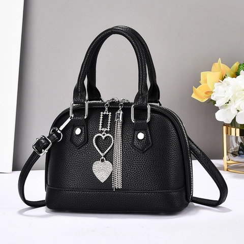 Sac À Main Coquille Pour Femmes Cuir PU Texture Litchi Charme Coeur Strass Frange Sac À Bandoulière Style Urbain Élégant