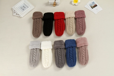 Cable Knit Winter Mittens Thick Warm Plush Cuff Faux Fur Outdoor Thermal Knitted Gloves Women