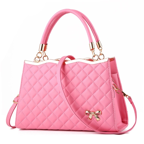 Women Quilted PU Leather Handbag With Gold Bow Decoration Trendy Diamond Lattice Crossbody Shoulder Bag For Ladies