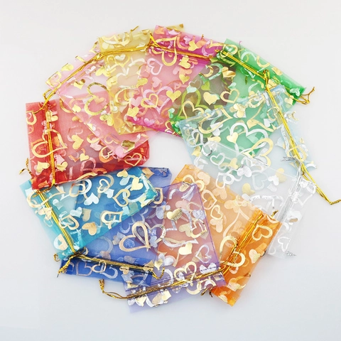 Organza Gift Bags Gold Heart Pattern Drawstring Pouches Jewelry Packaging Wedding Favor Candy Storage Small Treat Bags
