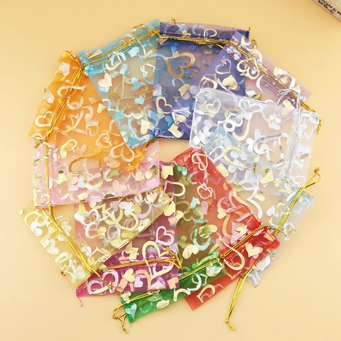 Organza Gift Bags Gold Heart Pattern Drawstring Pouches Jewelry Packaging Wedding Favor Candy Storage Small Treat Bags