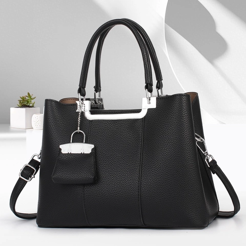Women Handbag Litchi Pattern PU Leather Top Handle Tote With Shoulder Strap And Mini Bag Charm Elegant Crossbody For Lady