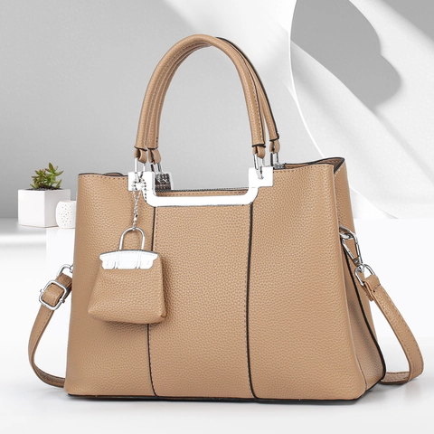 Women Handbag Litchi Pattern PU Leather Top Handle Tote With Shoulder Strap And Mini Bag Charm Elegant Crossbody For Lady