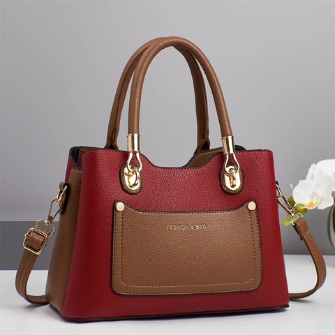 Borsa A Mano Da Donna Pelle PU Motivo Litchi Color Block Borsa A Spalla Hardware Dorato Stile Coreano Borsa A Tracolla Alla Moda
