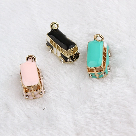 Bus Shape Charms Alloy Enamel Rhinestone Pendants For DIY Jewelry Making Bracelet Necklace Accessories Cute Retro Mini