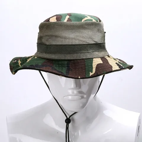 Outdoor Camouflage Boonie Hat Breathable Mesh Wide Brim Sun Protection Hiking Fishing Tactical Adjustable Drawstring