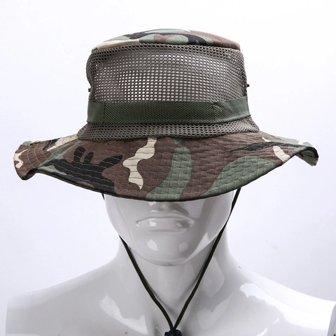 Outdoor Camouflage Boonie Hat Breathable Mesh Wide Brim Sun Protection Hiking Fishing Tactical Adjustable Drawstring