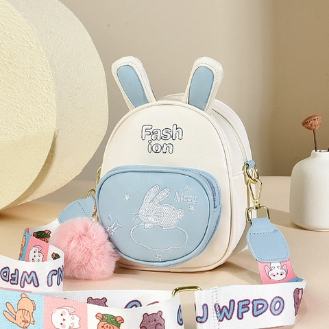 Cute Bunny Ear Mini Backpack For Women And Girls PU Leather Embroidery Small Rucksack With Cartoon Strap Pom Pom
