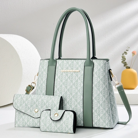 Damen Retro Große Kapazität Tote Bag Beutel Brieftasche Dreiteiliges Set PU Leder Buchstabendruck Schultertasche Handtasche Set
