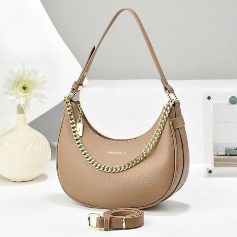 Women Hobo Bag Half Moon PU Leather Lychee Pattern Golden Chain Decorative Adjustable Strap Underarm Crossbody Purse