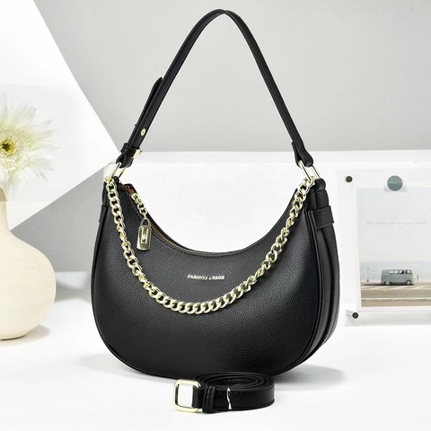 Women Hobo Bag Half Moon PU Leather Lychee Pattern Golden Chain Decorative Adjustable Strap Underarm Crossbody Purse