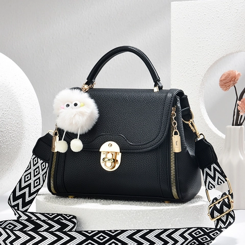 Bolso de Hombro de Cuero PU con Patrón de Lichi de Moda Bolso de Mano Gran Capacidad con Correa Geométrica y Peluche