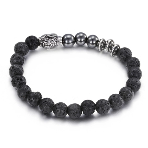 Buddha Head Beaded Bracelet Stainless Steel Natural Lava Stone Hematite Retro Zen Jewelry For Men