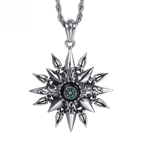 Compass Pendant Necklace Functional 316L Stainless Steel Starburst Retro Punk Jewelry Accessory For Men