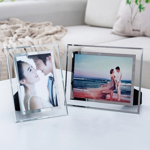 Crystal Glass Photo Frame Silver Mirror Edge Desktop Picture Display Certificate Holder Minimalist Style Home Decor