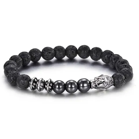Buddha Head Beaded Bracelet Stainless Steel Natural Lava Stone Hematite Retro Zen Jewelry For Men