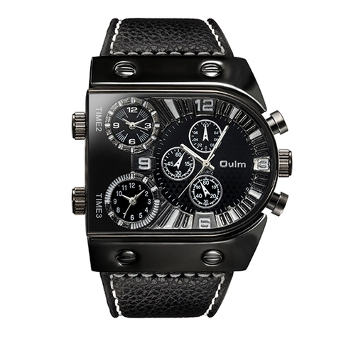 Oulm Men Quartz Watch Large Dial Multi Time Zone Industrial Punk Style Faux Leather Strap Casual Wristwatch