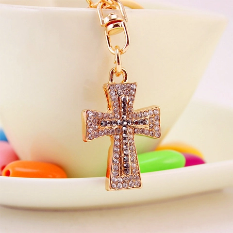 Llavero de Cruz de Aleación de Zinc Color Dorado con Diamantes de Imitación para Mujer Colgante de Bolso Coche Joyería Religiosa Decorativa Regalo