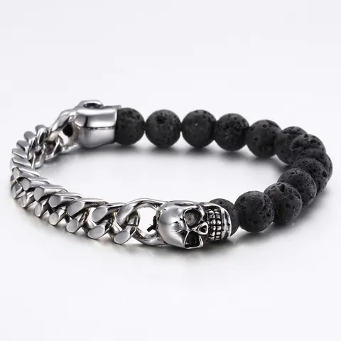 Skull Lava Stone Beaded Bracelet Stainless Steel Cuban Chain Punk Gothic Rock Jewelry For Men And Women