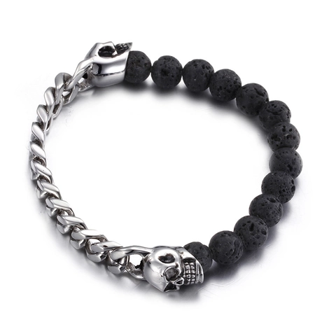 Bracciale Di Perline In Pietra Lavica Con Teschio Catena Cubana Acciaio Inossidabile Gioielli Punk Gotici Da Uomo
