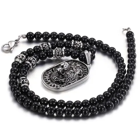 Lion Head Pendant Beaded Necklace Stainless Steel Glass Beads Punk Hip Hop Ethnic Style For Men Women Retro Jewelry