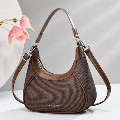 Damen Casual PU-Leder Hobo Bag Plissee Design Stilvolle Handtasche Tägliche Umhängetasche Mit Reißverschluss