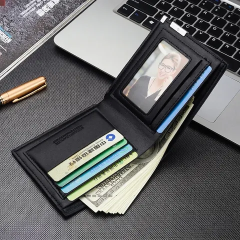 Portefeuille Homme Business Bifold Simili Cuir Court Pince À Billets Avec Emplacements Cartes Et Fenêtre Photo Décor Coin Métal Style Coréen