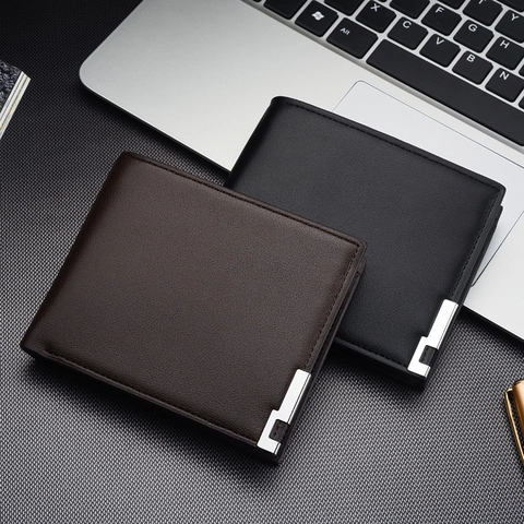 Portefeuille Homme Business Bifold Simili Cuir Court Pince À Billets Avec Emplacements Cartes Et Fenêtre Photo Décor Coin Métal Style Coréen