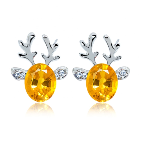 Christmas Reindeer Antler Stud Earrings Alloy Oval Crystal Gemstone Rhinestone Embellished Animal Jewelry For Women Party Holiday Gift