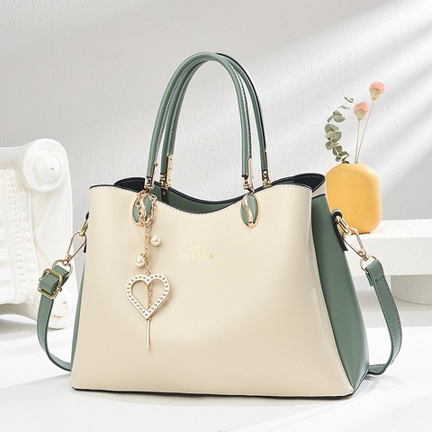 Mode Kontrastfarbe Damen Tote Bag Mit Herz Perlen Anhänger PU Leder Handtasche Dual Use Schulter Umhängetasche Täglich Lässig