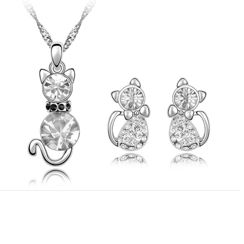 Gioielli Gatto Lega Cristallo Strass Collana E Orecchini Con Perno In Argento Sterling 925 Per Donne Ragazze Dolce