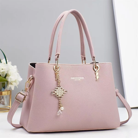 Borsa A Mano Donna Borsa A Tracolla Pelle PU Motivo Lychee Tracolla Rimovibile Hardware Dorato Pendente Perla Artificial Versatile Moda