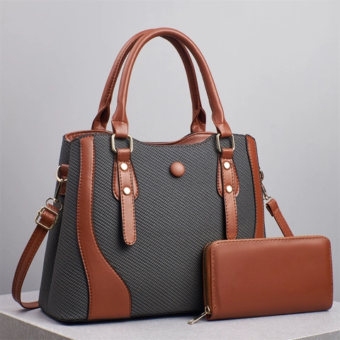 Sac À Épaule Et Portefeuille Pour Femme Cuir PU Tissé Patchwork Color Block Grande Capacité Sac À Main Tote