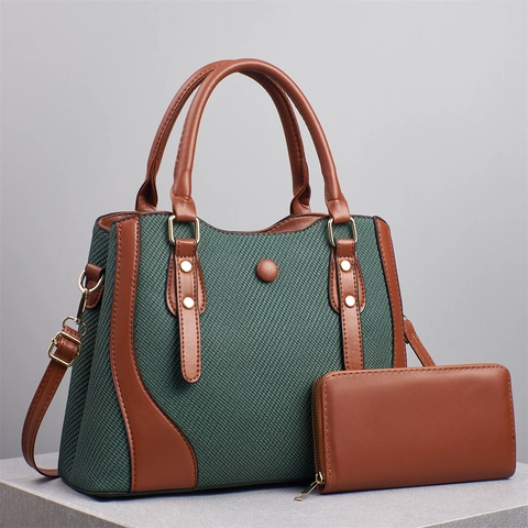 Women Handbag And Wallet Woven Fabric Stitching PU Leather Tote Crossbody Shoulder Bag Large Capacity Elegant Urban