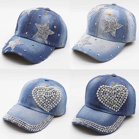 Rhinestone Heart Star Denim Baseball Cap Women Washed Distressed Faux Artificial Pearl Adjustable Peaked Hat Casual Fashion