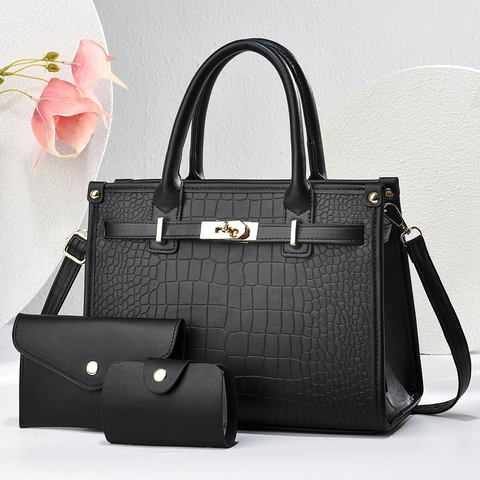 Women Handbag Collection Crocodile Pattern PU Leather Gold Hardware Elegant Korean Fashion Top Handle