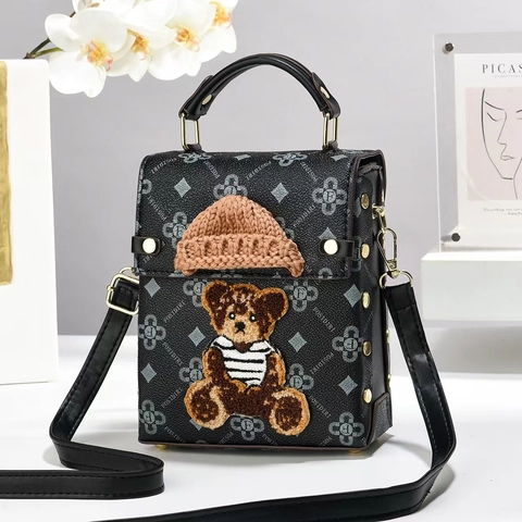 Women PU Leather Shoulder Bag With Cute Bear Patch And Mini Knit Hat Monogram Print Rivet Small Crossbody Handbag