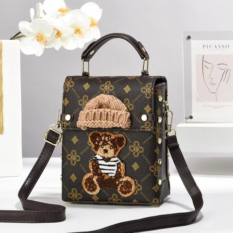 Women PU Leather Shoulder Bag With Cute Bear Patch And Mini Knit Hat Monogram Print Rivet Small Crossbody Handbag