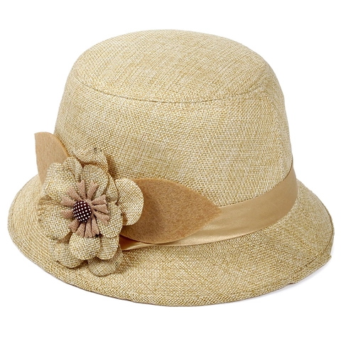 Sombrero de Pescador de Lino Vintage para Mujer Elegante Sombrero Cloche con Flores Protección Solar Ocio al Aire Libre