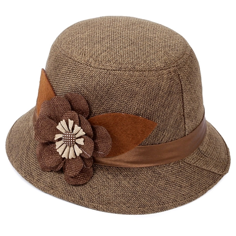 Cappello Cloche Da Donna Elegante Finto Lino Traspirante Vintage Cappello Da Sole Con Grande Fiore E Nastro Di Raso