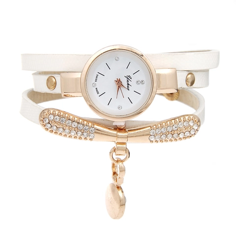 Women Bracelet Watch Multi Layer Wrap PU Leather Strap Rhinestone Butterfly Pendant Fashion Analog Quartz Wristwatch
