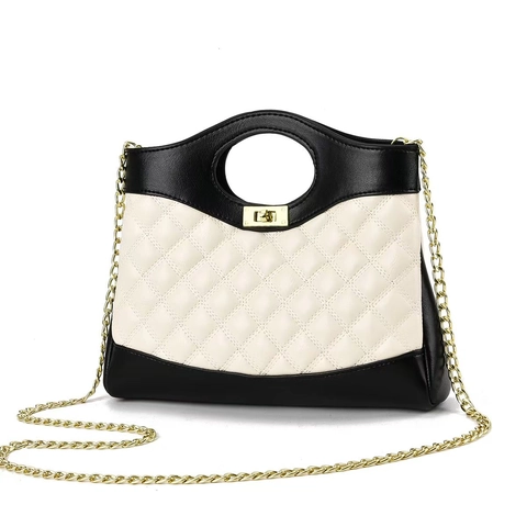 Bolso De Mano Acolchado Para Mujer Cuero PU Color De Contraste Bolso Bandolera Cadena Dorada Cierre Giratorio Mango Redondo