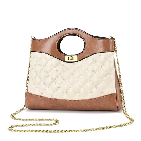 Bolso De Mano Acolchado Para Mujer Cuero PU Color De Contraste Bolso Bandolera Cadena Dorada Cierre Giratorio Mango Redondo