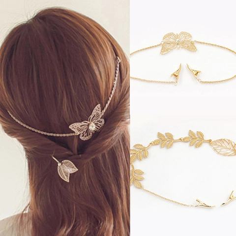 Goldlegierung Hohle Schmetterling Blatt Haarkette Mit Clips Strass Quaste Kopfschmuck Eleganter Schmuck Für Frauen