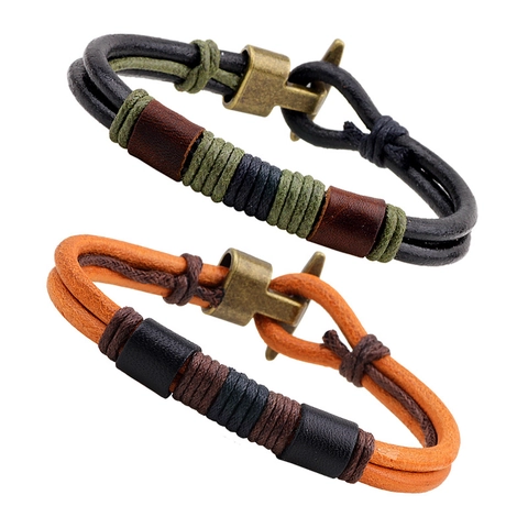 Vintage Woven Genuine Leather Bracelet With Antique Bronze Alloy Toggle Clasp Multi Layer Braided Cord Hand Jewelry For Men And Women