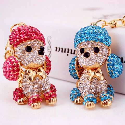 Schattige Poedel Hond Strass Sleutelhanger Voor Vrouwen Auto Tas Hanger Zinklegering Verguld Kristal Hond Sleutelhanger