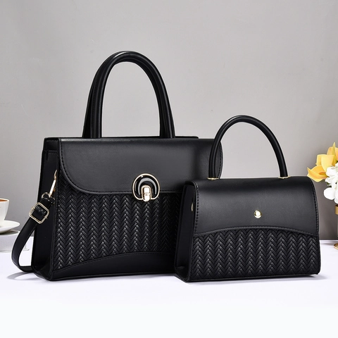 Woven Pattern PU Leather Tote Handbag And Small Purse For Women Elegant Large Capacity Urban Minimalist Shoulder Bag