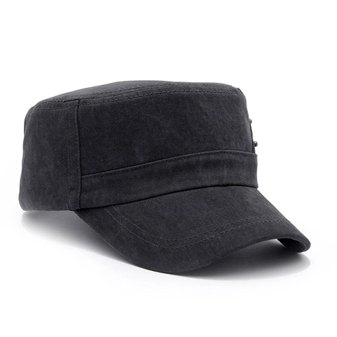 Vintage Washed Cotton Cadet Cap Men Adjustable Military Style Flat Top Hat Distressed Casual Sunshade Outdoor