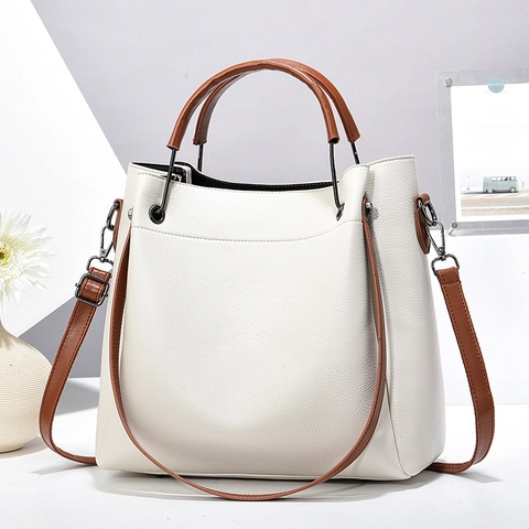 Women Bucket Bag Lychee Pattern PU Leather Large Capacity Contrast Color Shoulder Crossbody Handbag Simple Fashion Style